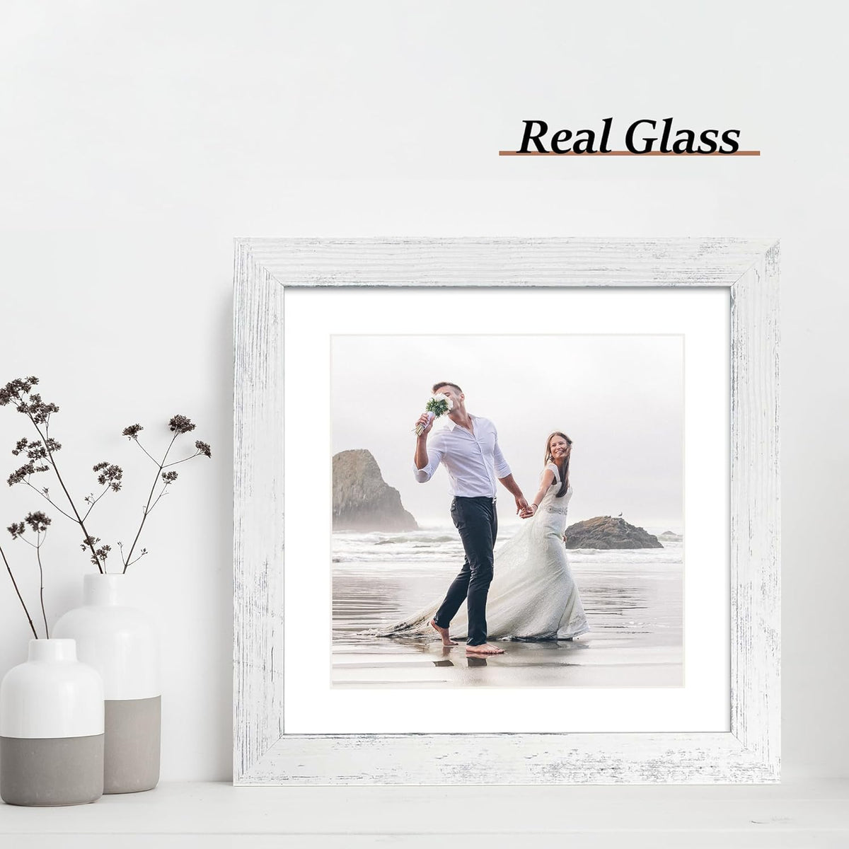 10x10 Picture Frame Set of 4 with Real Glass, Distressed White Frame Display 8x8 Pictures with Mat