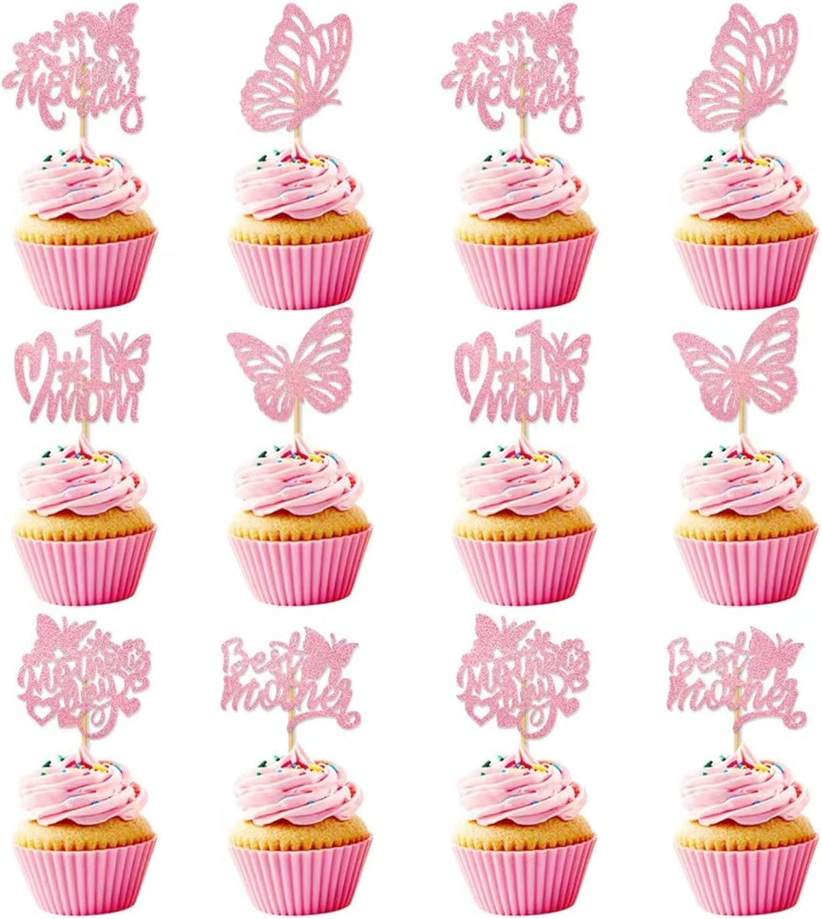 12Pcs Birthday Cupcake Toppers,Pink Glitter Cake Toppers Butterfly Cupcake Picks for Coquette Theme