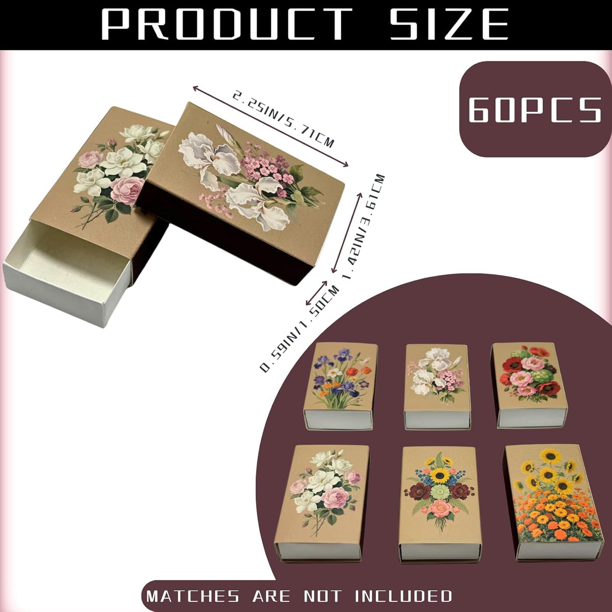 60pcs Flower Match Boxes, 2.25x1.42x0.59in Bulk Fall Spring Floral DIY Light Brown Storage
