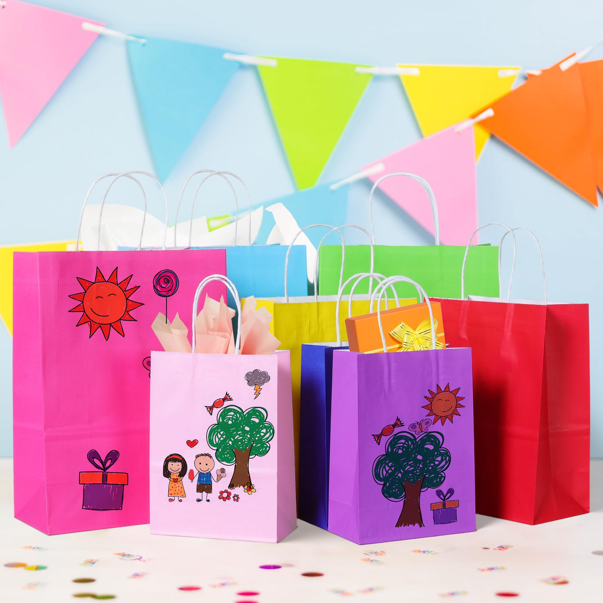 BLEWINDZ 32 Pieces Gift Bags with 32 Tissues, 8 Colors Party Favor Bags with Handles, Rainbow Gift
