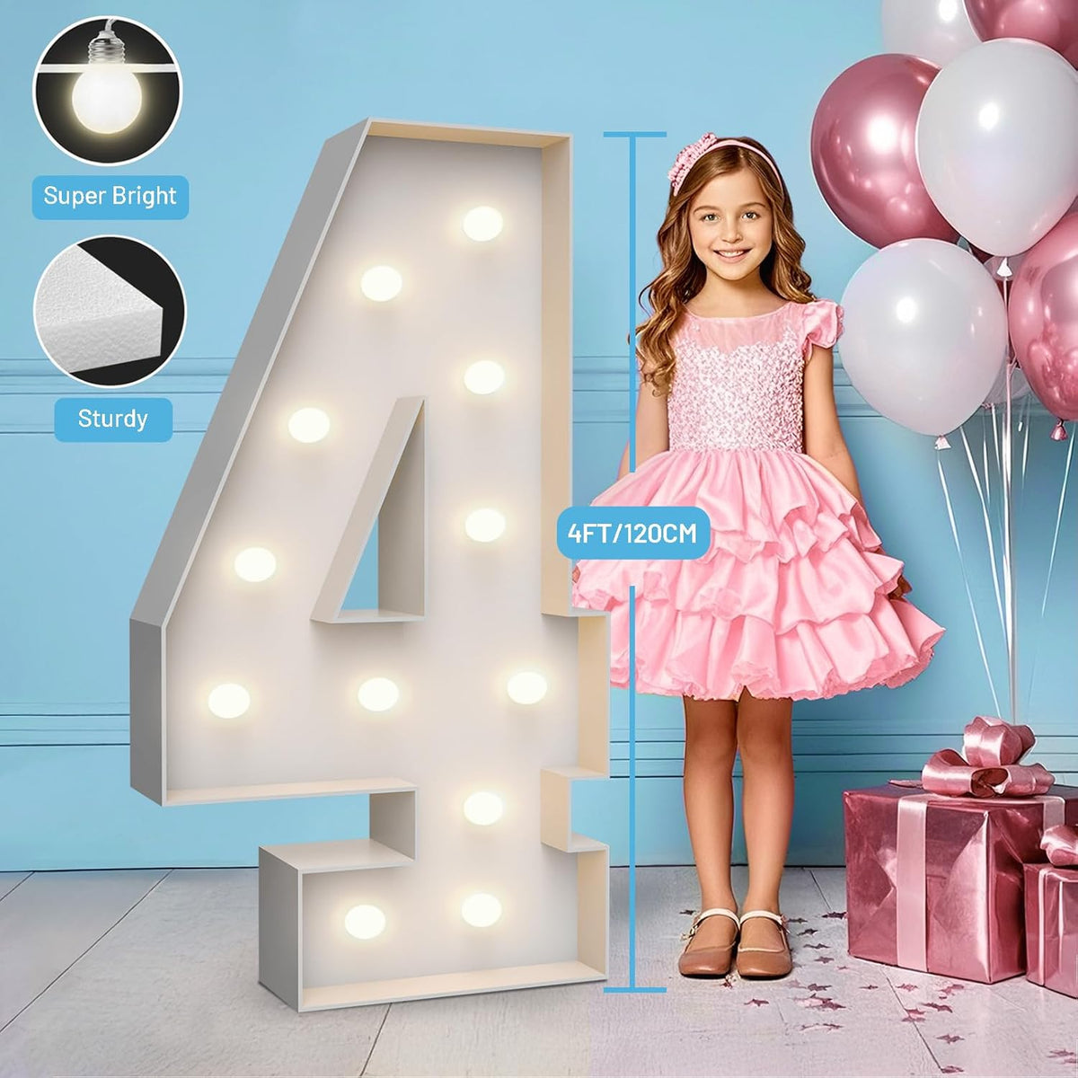 4FT Marquee Light Up Numbers 4,Party Decoration Large Marquee Light Up Letters with Weighted Water