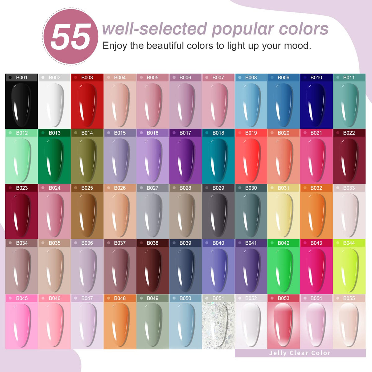 JODSONE Gel Nail Polish Kit 60 PCS with U V Light Soak off Base Top Coat 55 Shine Colors Gel Nail