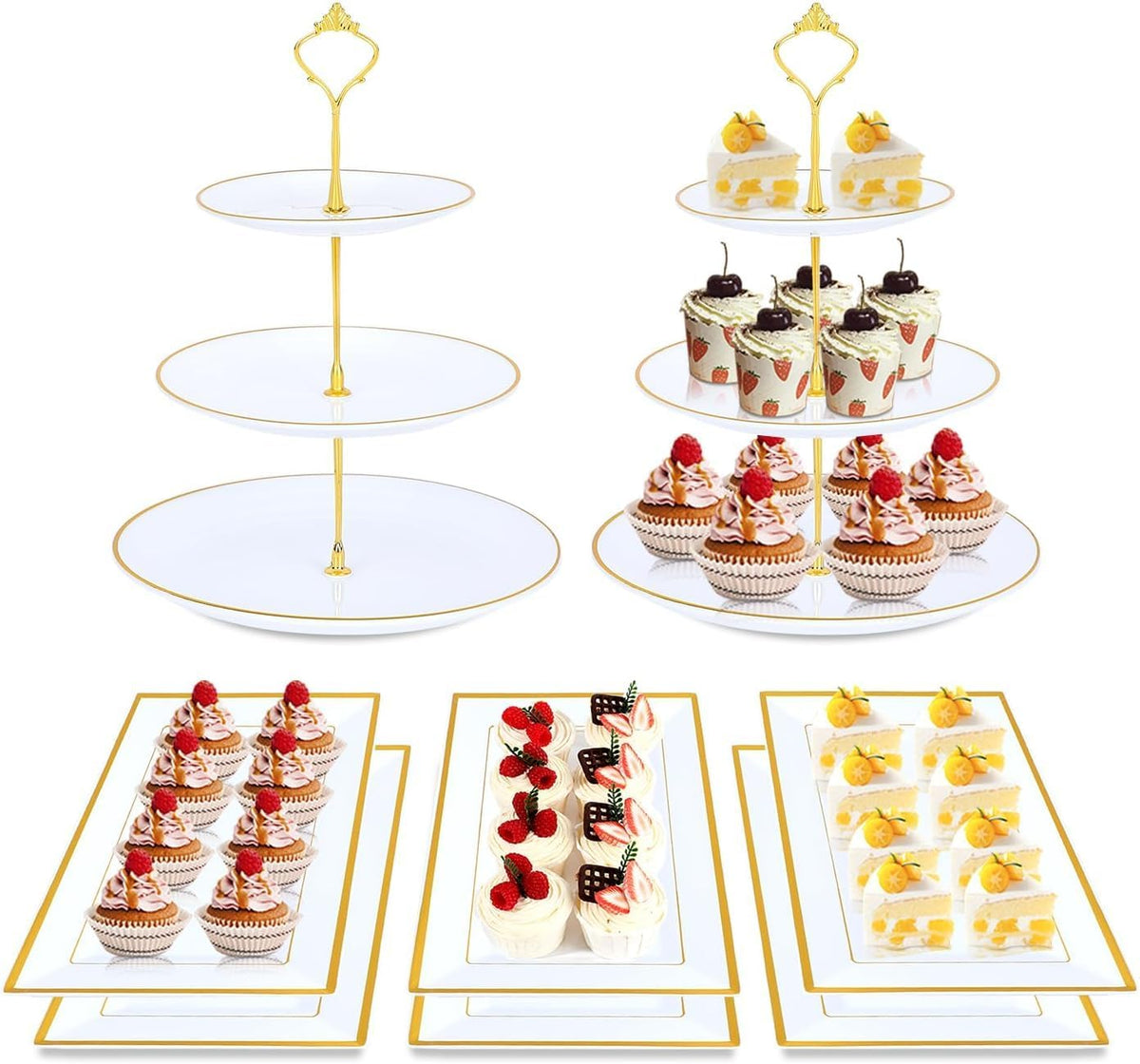 DI QIU REN 8PCS Cake Stand Set, Plastic Cupcake Stands with Gold Rim, Dessert Display Stands Set
