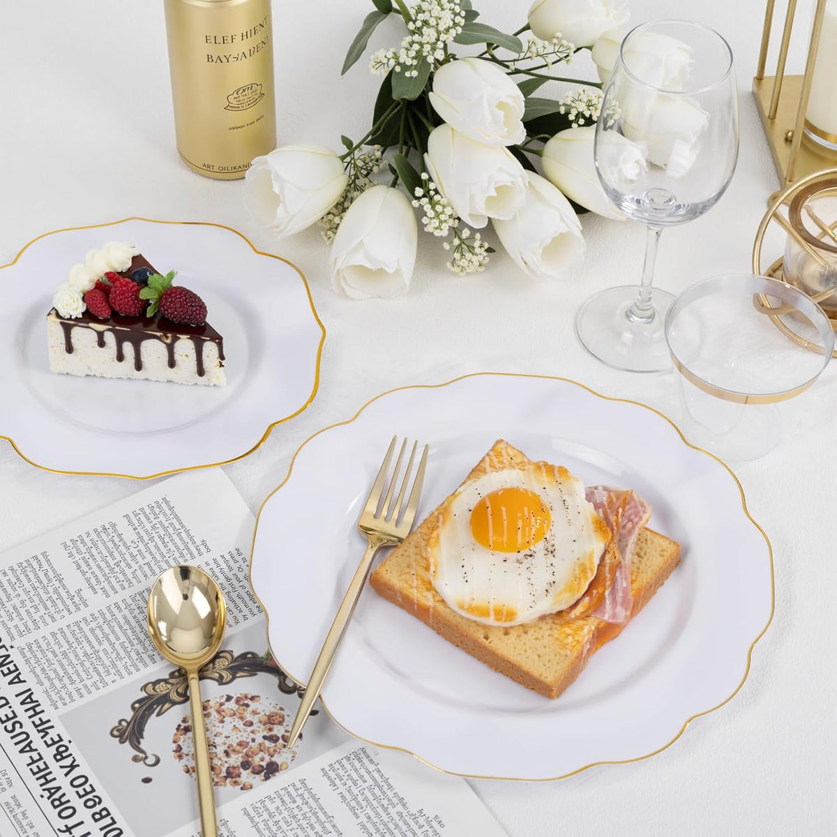 bUCLA 180PCS White and Gold Plastic Plates Disposable - White with Gold Rim Dinnerware Set Include