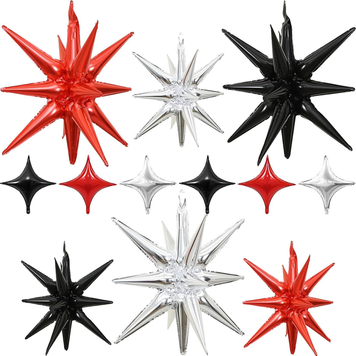 Black Red Silver Star Balloons 12pcs, 27/22 Foil Inch Star Explosion Balloons, Large Spike Mylar