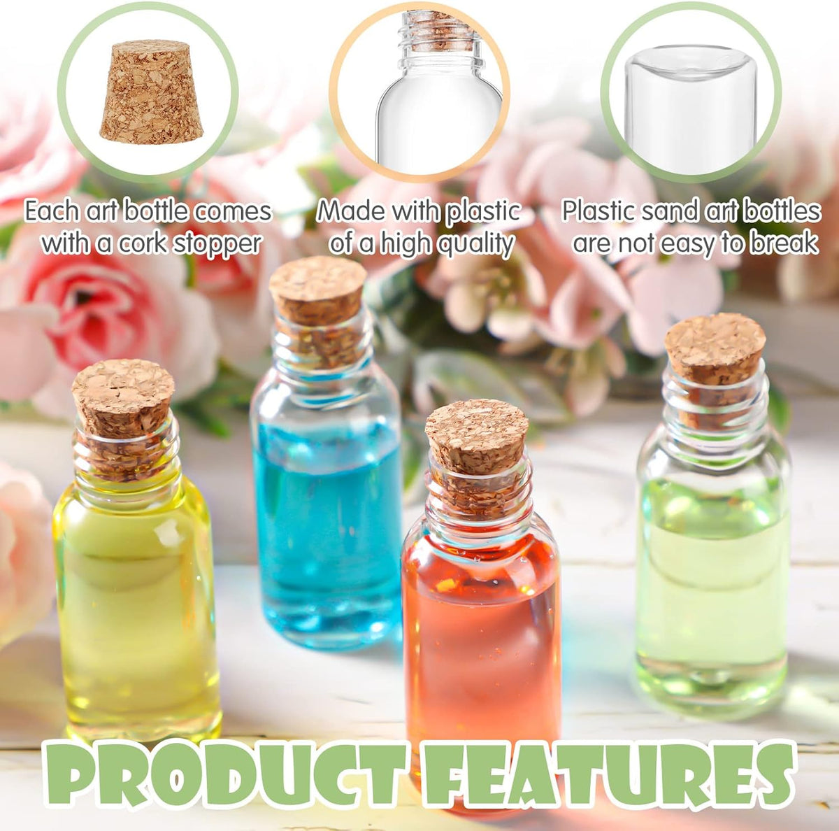 Sabary 100 Pack 1oz Plastic Potion Bottles with Cork Stoppers Mini Sand Art Bottles Tiny Cork Vial