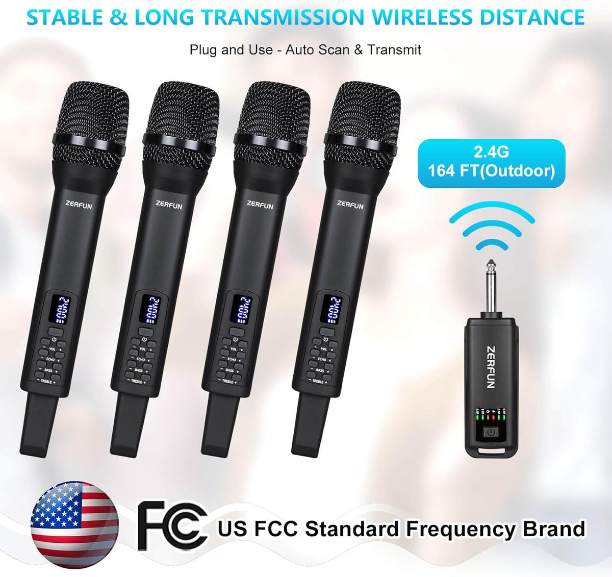 Rechargeable Wireless Microphones 4, Pro Handheld Cordless Mics System Dynamic with Echo Treble
