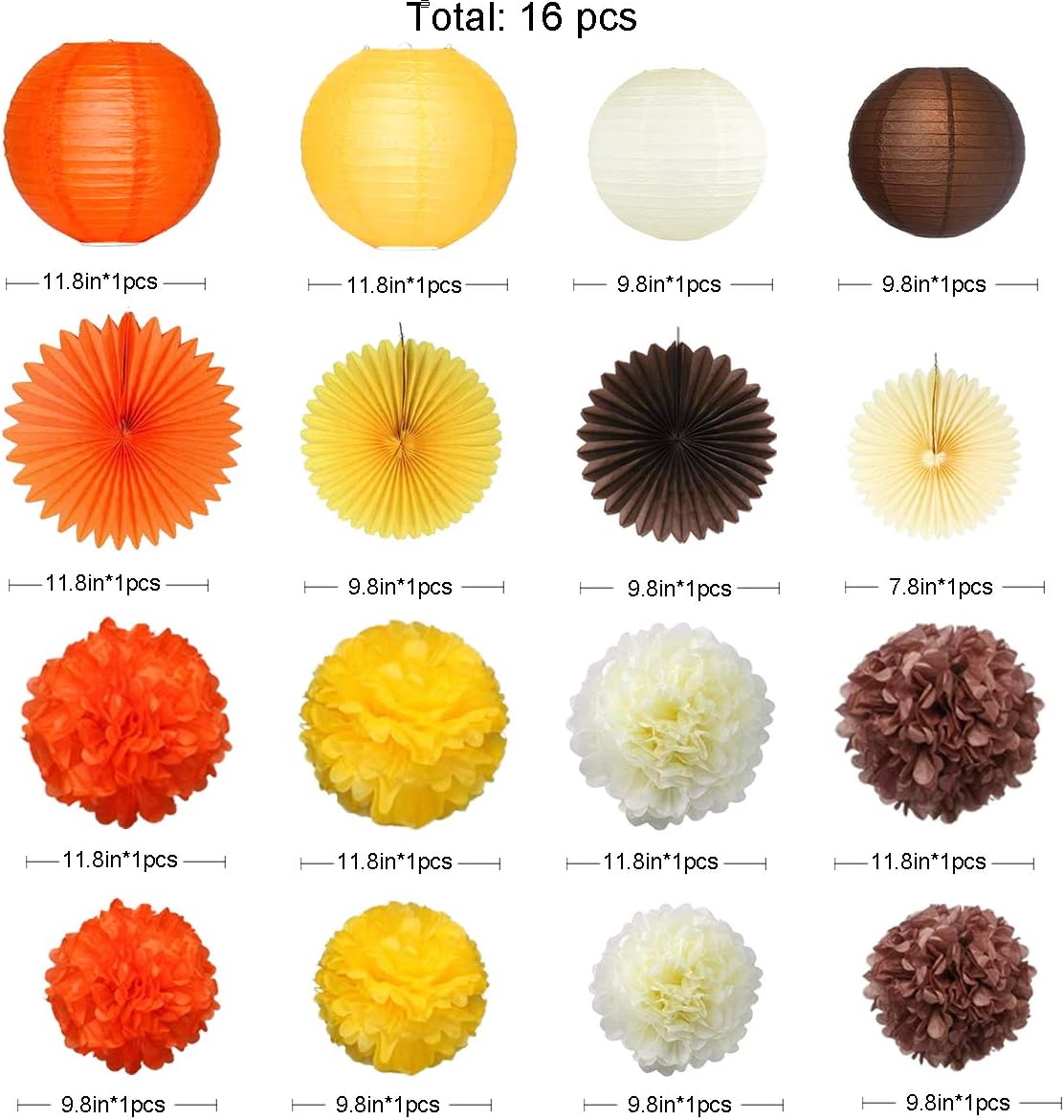 Fall Party Decorations Kit Yellow Orange Brown Paper Hanging Fans Lantern Flowers Pom Pom with 3D