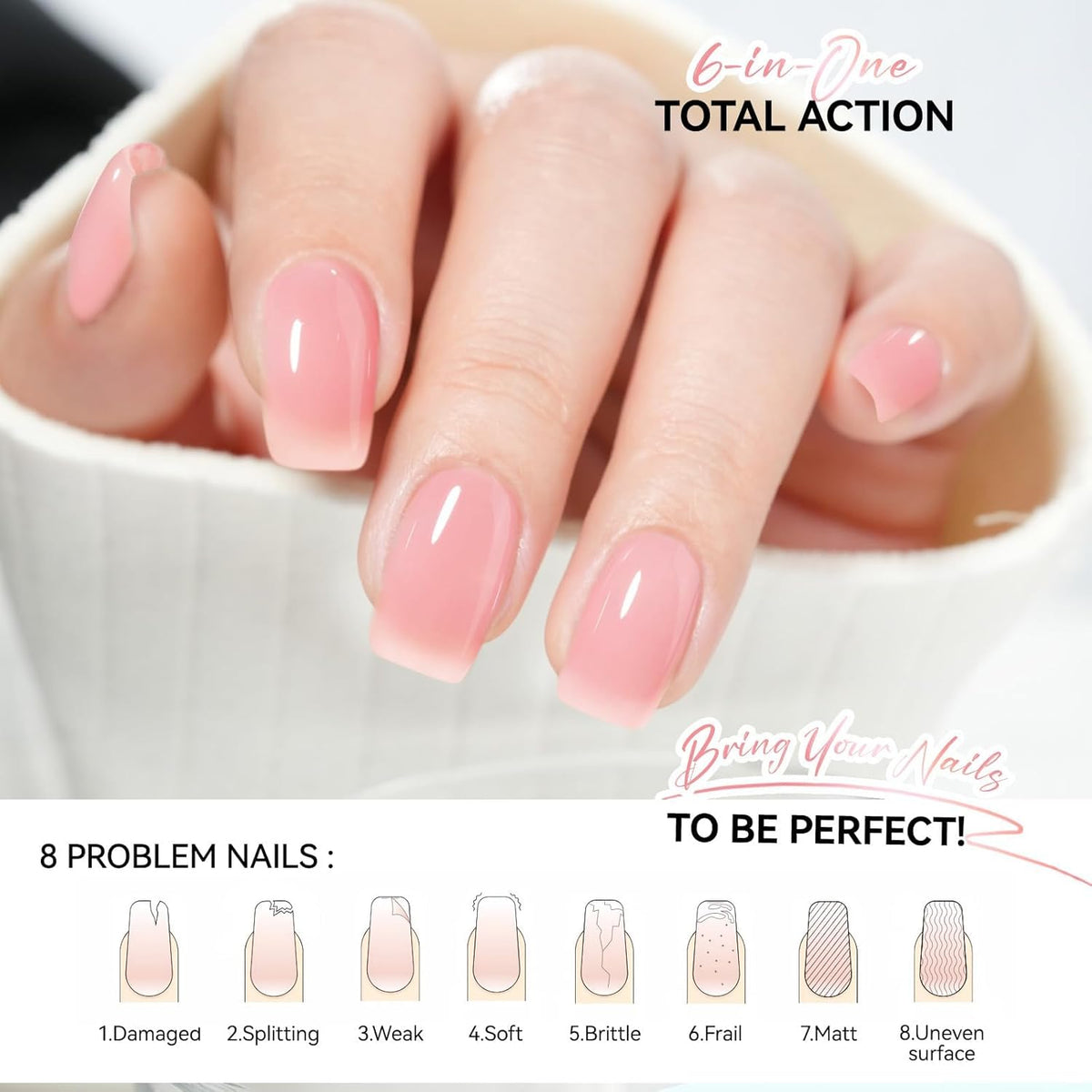 Nail Strengthener Protein for Damaged Nails: Pink 15ml 6 in 1 Natural Nail Hardener Extra Strong