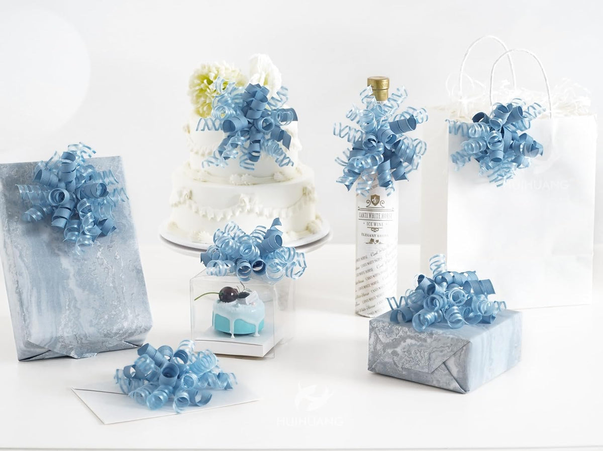 HUIHUANG Blue Gift Bows 5 inch x 8 Counts Dusty Blue Self-Adhesive Curly Ribbon Bows for Gift