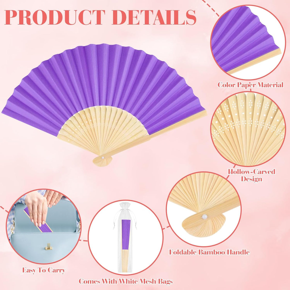 12 Pieces Purple Hand Held Bamboo Folding Fans Paper Fans Handheld for Women Foldable Girls Wedding