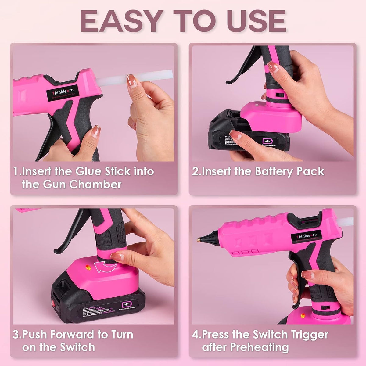 Hot Glue Gun, 20V Pink Cordless Glue Gun with 30 PCS Full Size Glue Sticks, 2Ah Rechargeable