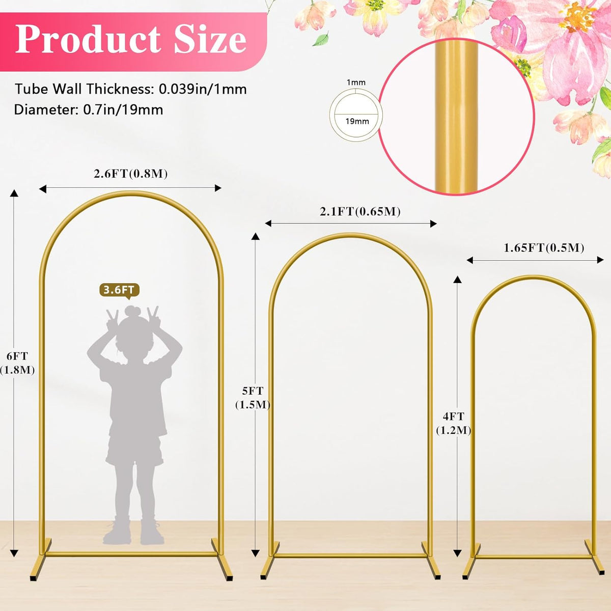 Metal Arch Backdrop Stand, Set of 3 (4/5/6 ft) Wedding Arched Frame with 12 Ground Nails, Stable