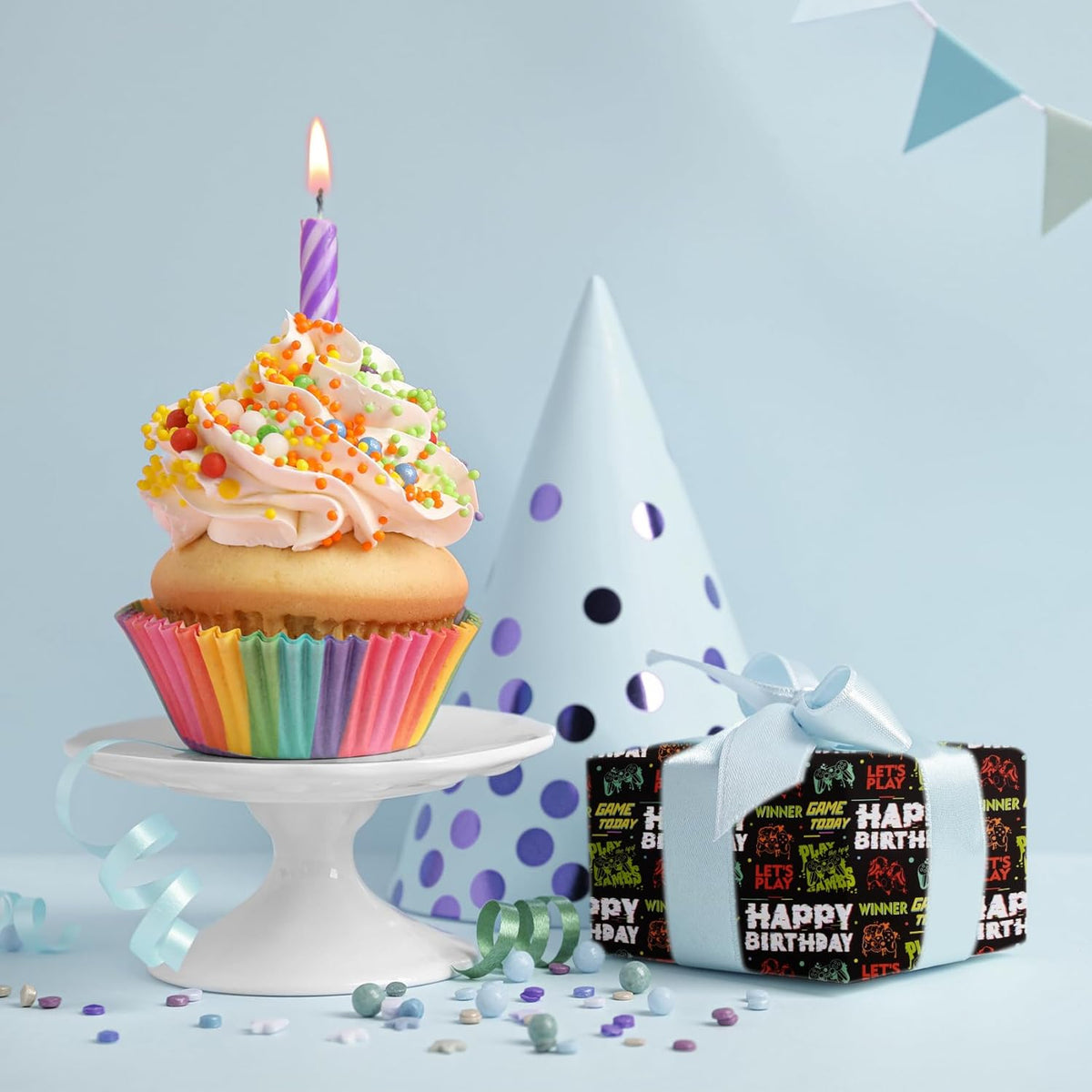 Aimyoo Gaming Birthday Wrapping Paper Roll - 17 Inch X 16.4 Feet - Black Happy Birthday Video Game