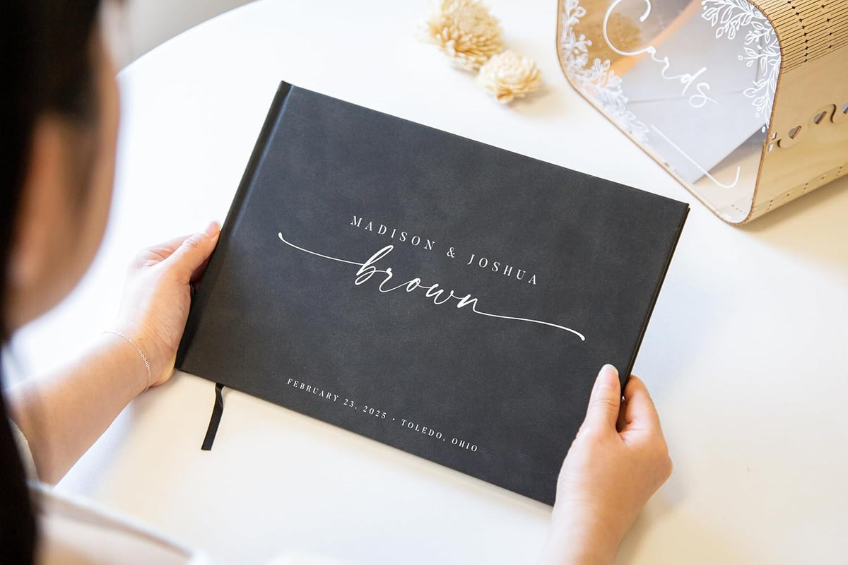 Personalized Guest Book - 11.5" x 8.5" Custom Bride & Groom Names with Bookmark and Hard Cover 140