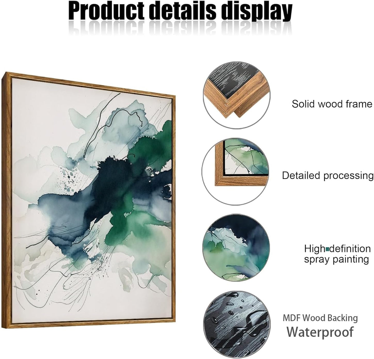 myusuar 3 Piece Large Abstract Framed Wall Art For Living Room, Smoke Texture Ink Emerald Green