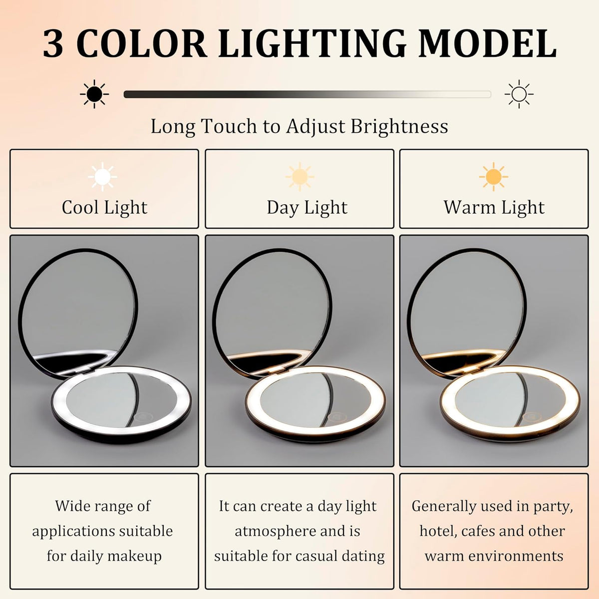 LanJo Lighted Compact Mirror with 1X/5X Magnification, Stepless Dimming & 3 Adjustable Light