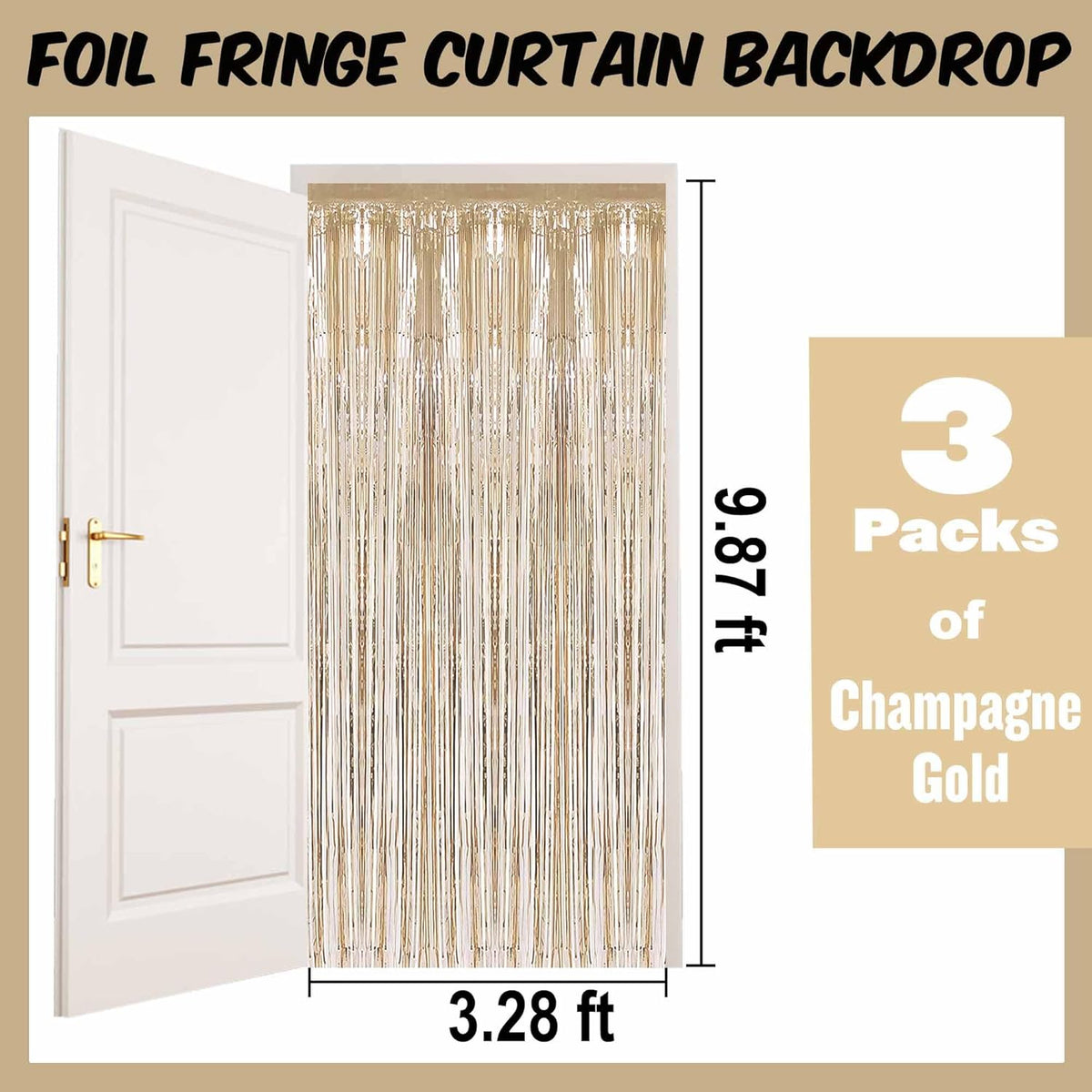 3 Pack Champagne Gold Foil Fringe Curtains Backdrop, 3.28 x 9.8 Ft Metallic Streamers Tinsel