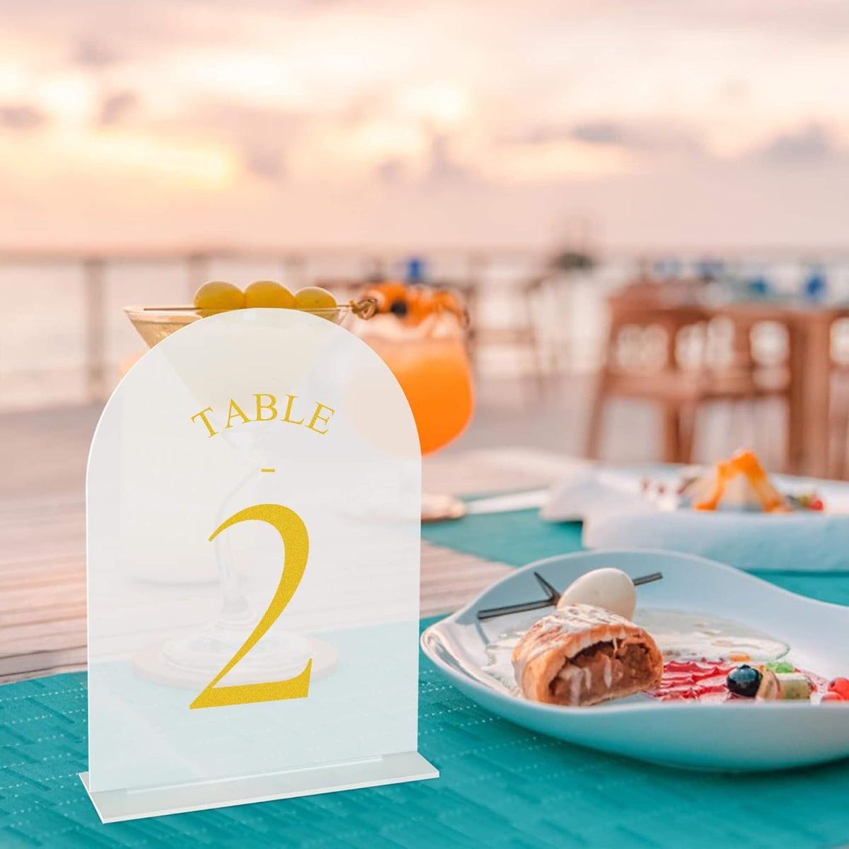 JOYIT Frosted Arch Wedding Table Numbers 1-20 with Stands – 5" X 7" Acrylic Gold Table Number