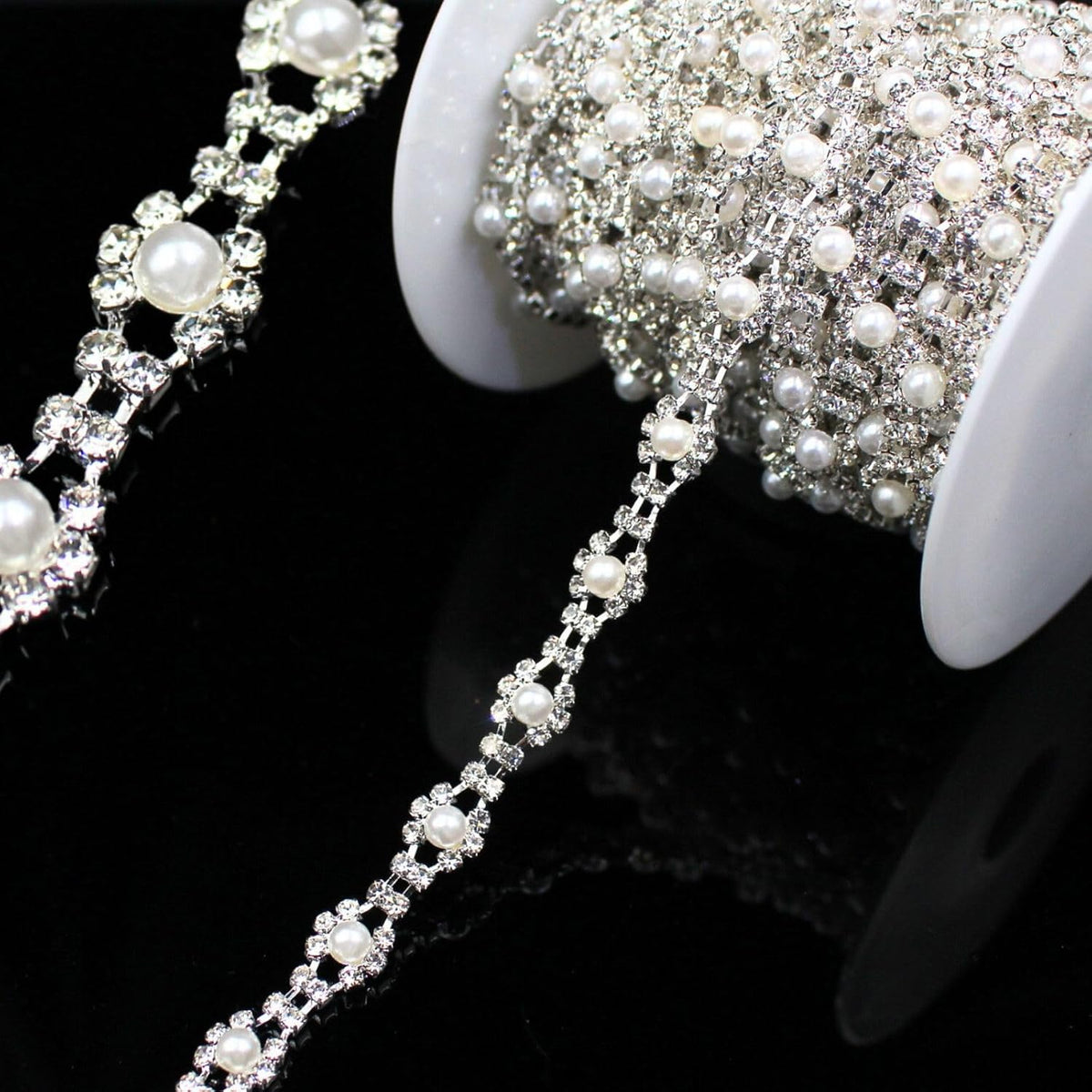 1 Yard Pearl Rhinestone Trim Chain Silver String Crystal Applique Fringe Ribbon Strips Beads Sewing