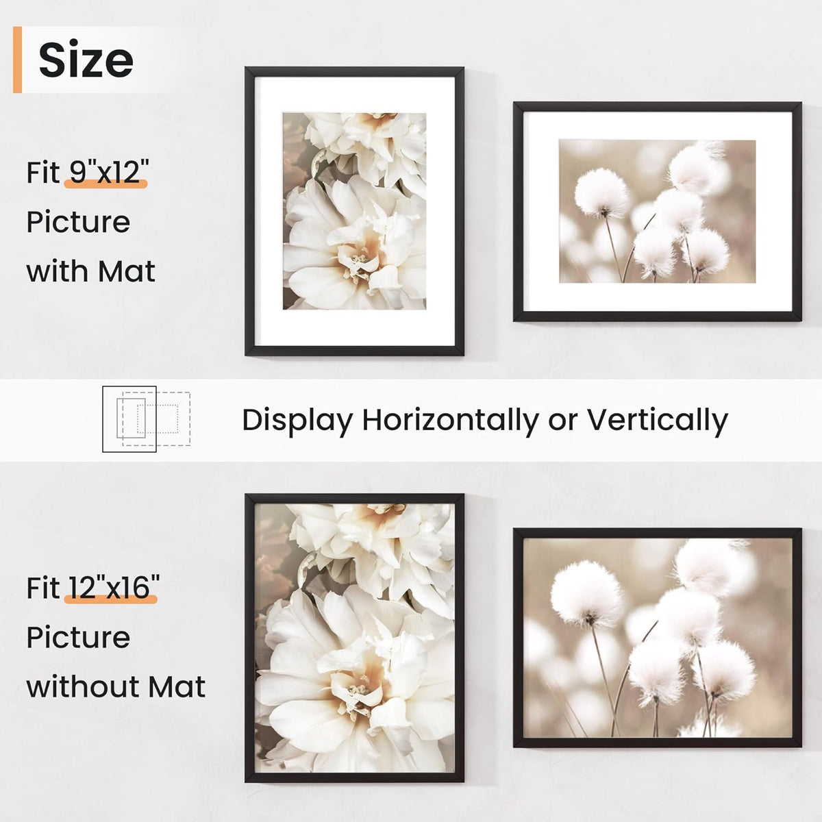 12x16 inch Picture Frame, 12x16 Photo Frames with Removable Mat - High Definition Plexiglass