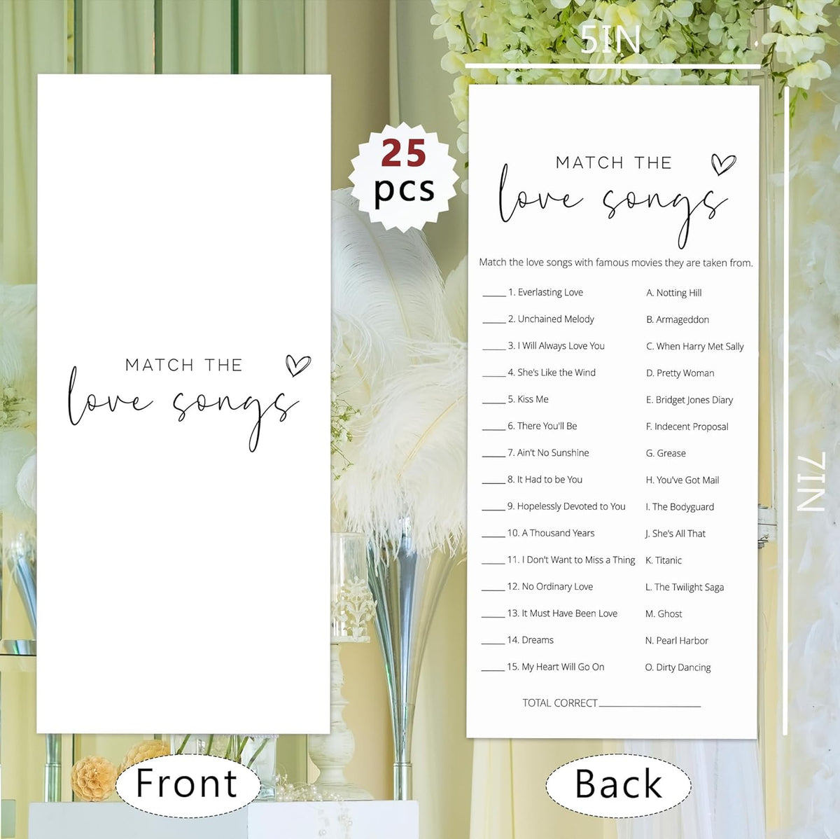 Bridal Shower Games, Match the Love Songs, 25Pcs 4x9in Minimalist White Double-Sided Bridal Game