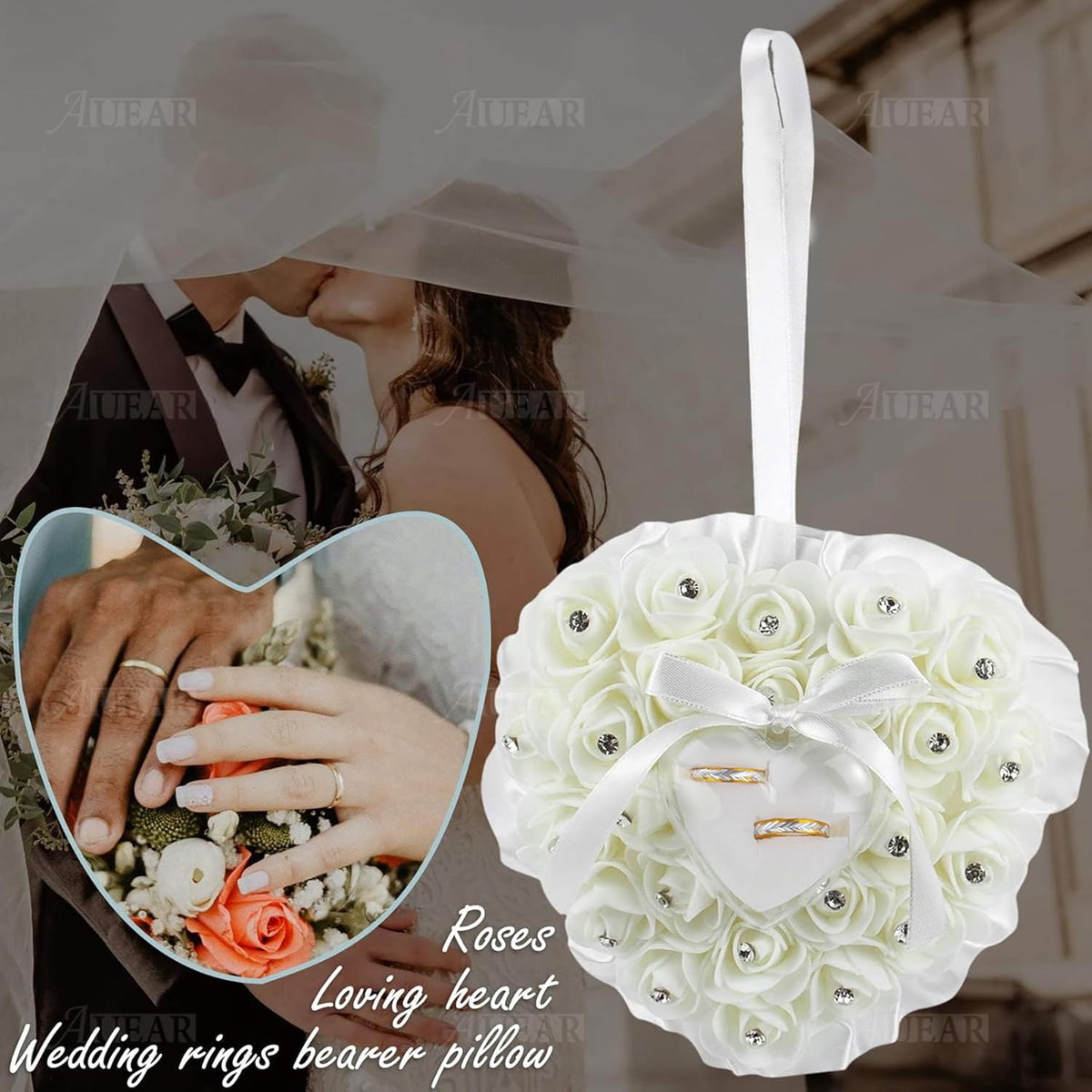 AUEAR, White Wedding Ring Holder Pillow Heart Shape Lace Rose Flower Rhinestone Crystal Box for