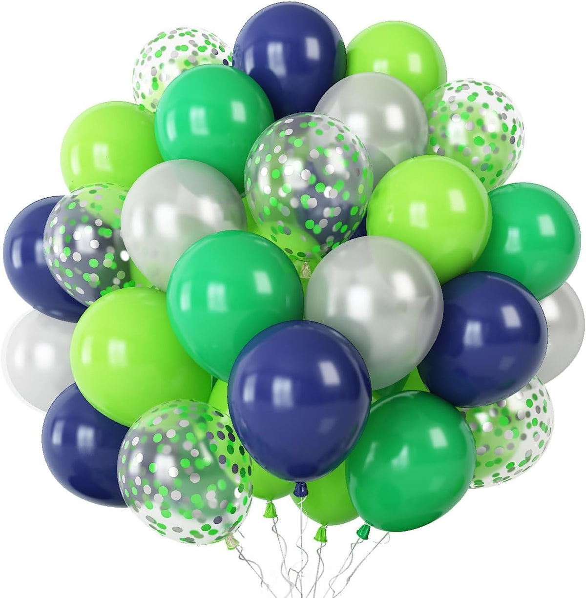 60 Pcs Navy Blue Matte Light Green Silver Latex Party Balloons with Green Silver Confetti for
