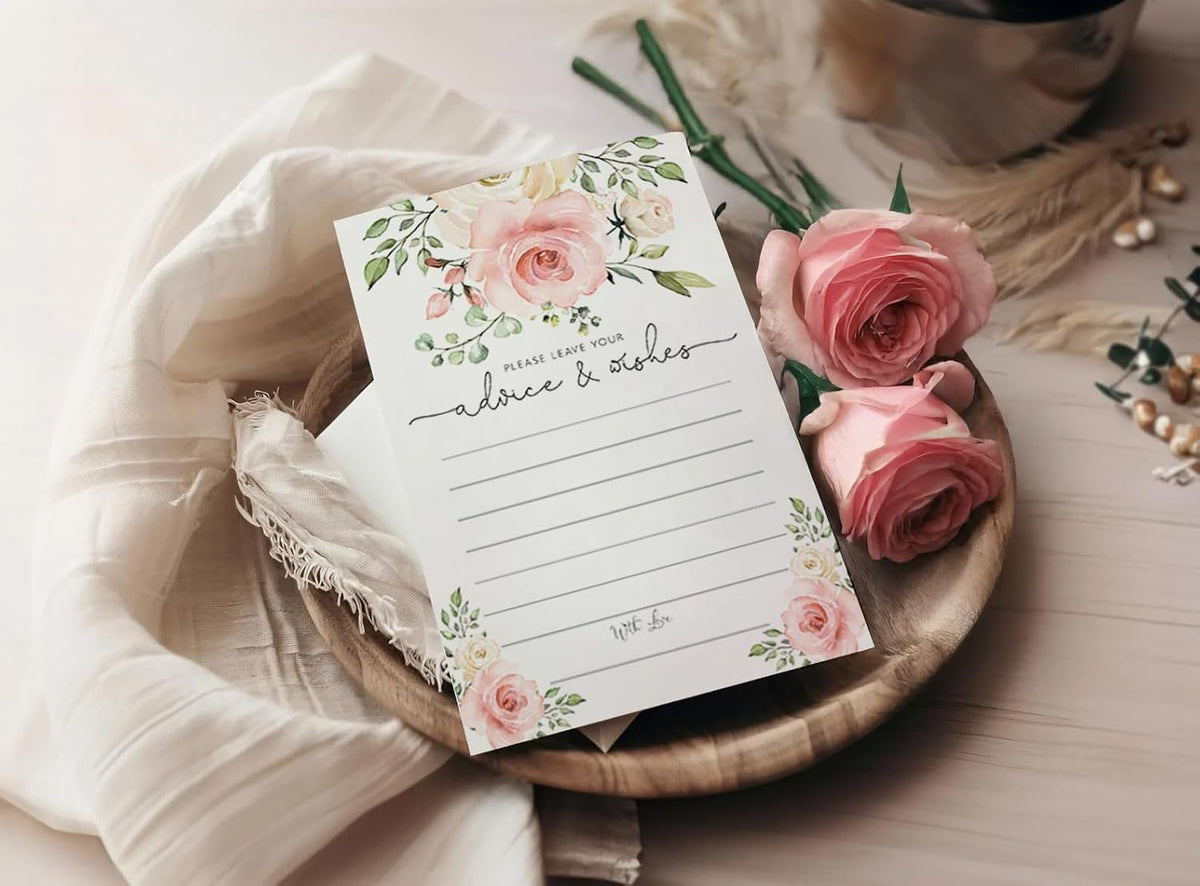 Your Main Event Prints Blush Floral Advice and Wishes Cards for the Bride and Groom - Perfect for