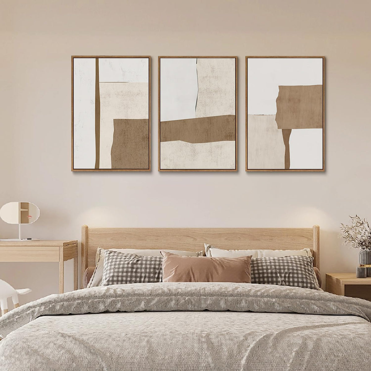 myusuar 3 Piece Large Modern Abstract Canvas Framed Wall Art For Living Room, Brown And Beige Block
