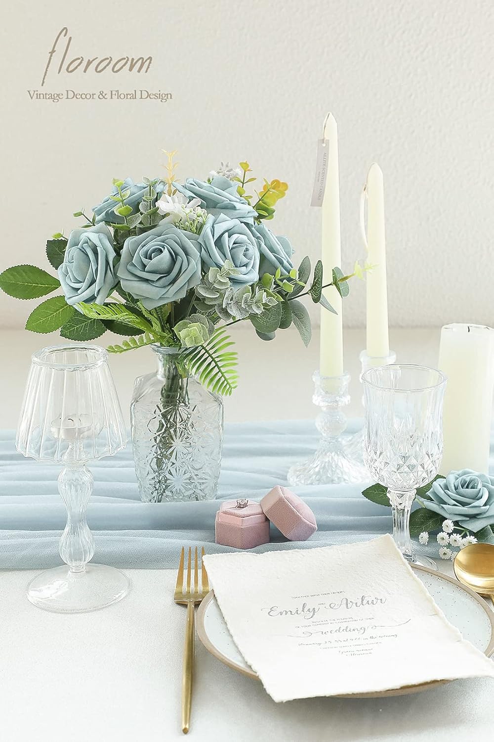Floroom Artificial Flowers 25pcs Real Looking Dusty Blue Foam Fake Roses with Stems for DIY Wedding