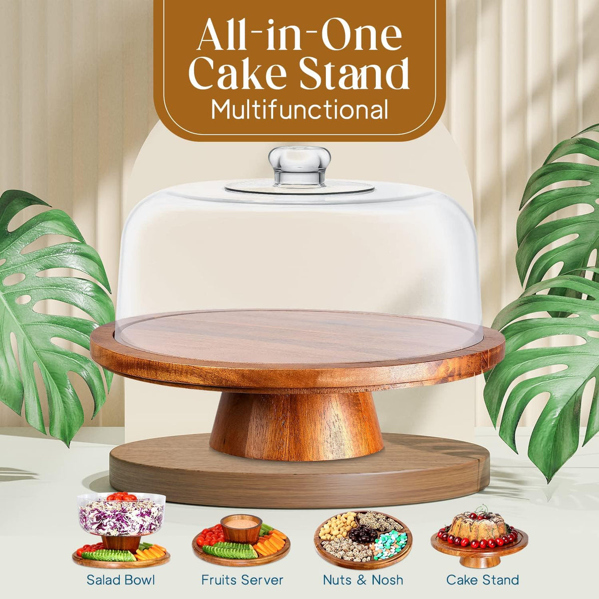 Homeries Acacia Wood Cake Stand with Lid, Cake Plate, (6 in 1) Multi-Functional Serving Platter