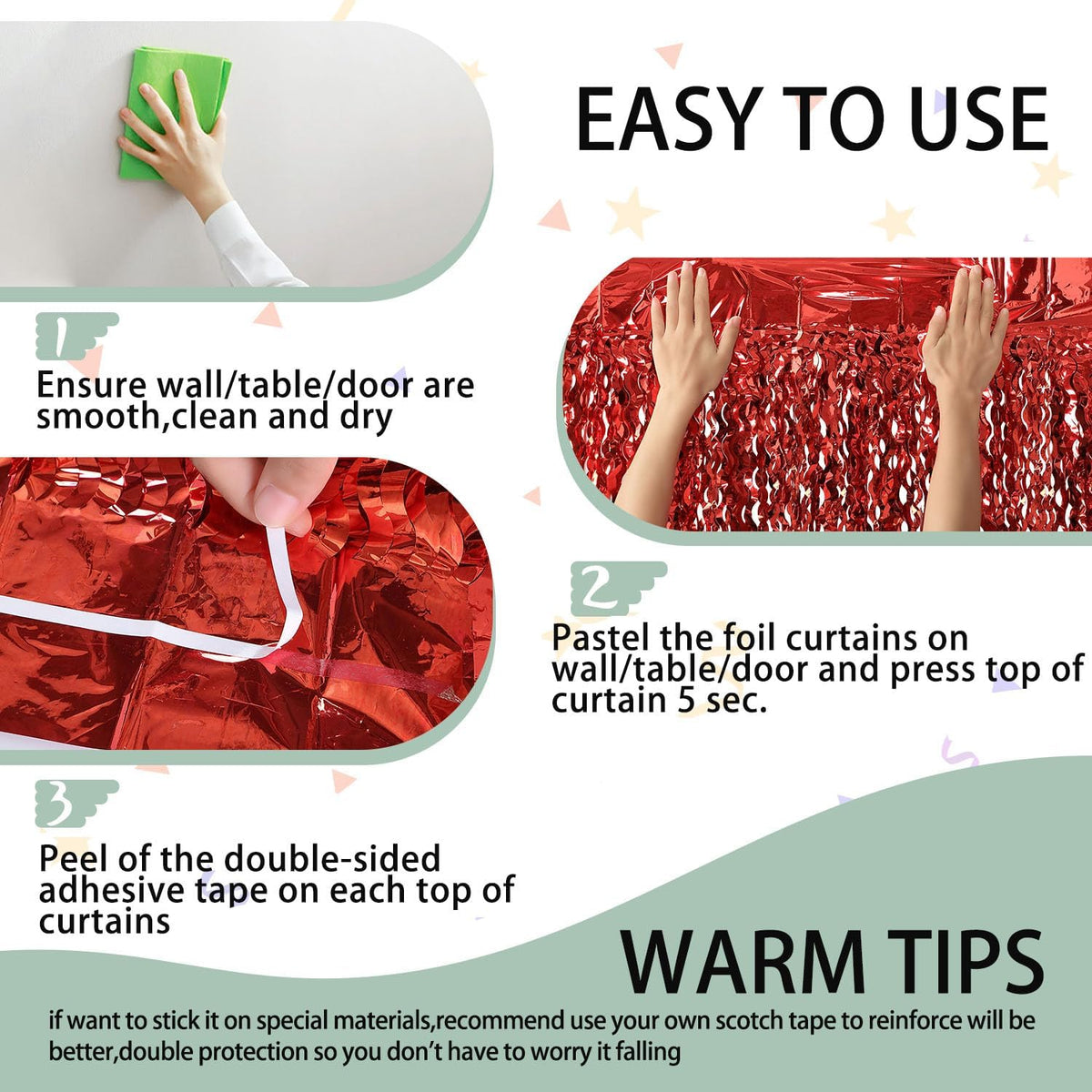 3 Pack Red Aluminium Foil Curtains, 3.3ft x 6.6ft, Wavy Shape, for Party Decorations & Photo