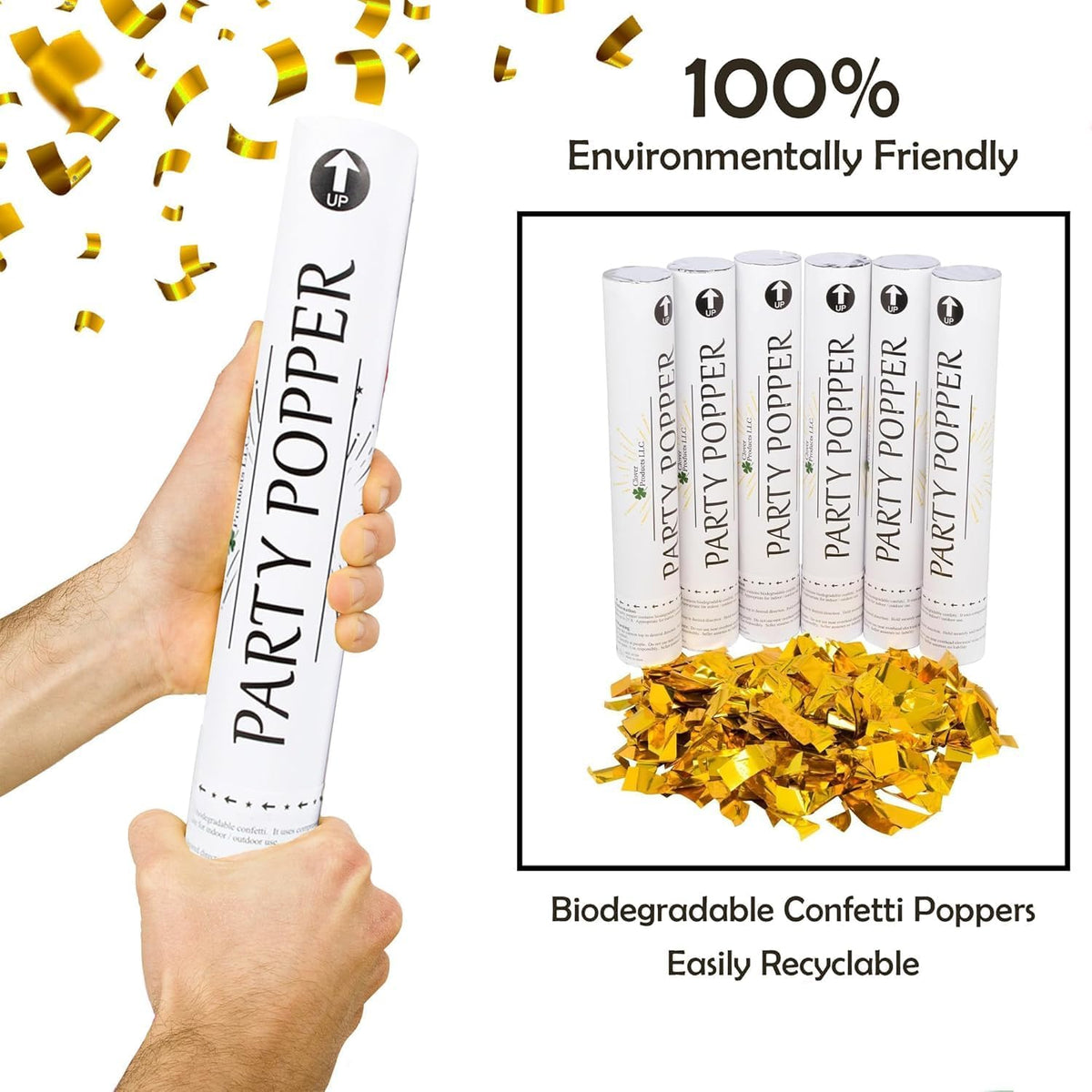 Confetti Cannons 12" – 6 Pack Gold Mylar Confetti Poppers | Party Poppers for Weddings, Birthdays