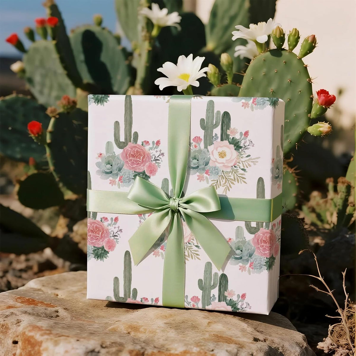 RUSPEPA Cactus Floral Wrapping Paper Roll, Mini Roll, Elegant Cacti and Roses Design, Soft Pink and