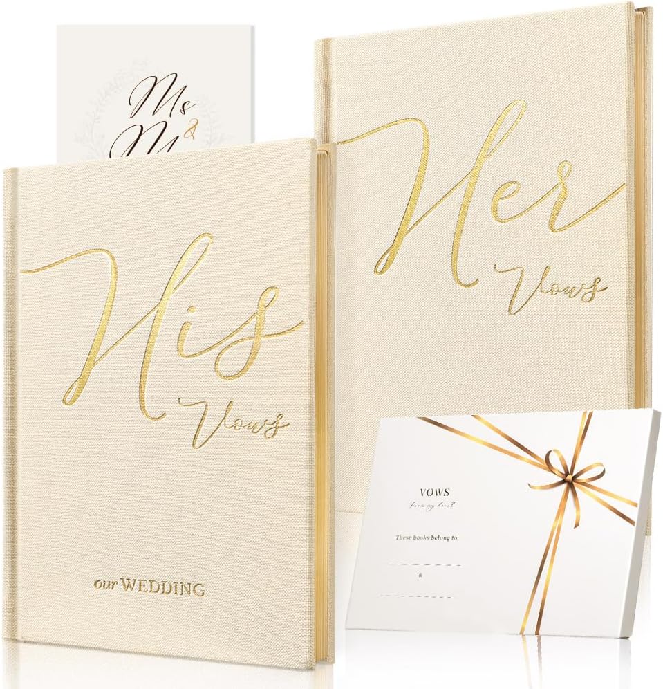Vow Books His and Hers 2 Pack - 6 x 4 Inch Linen Hardcover Wedding Vow Books with Gold Foil