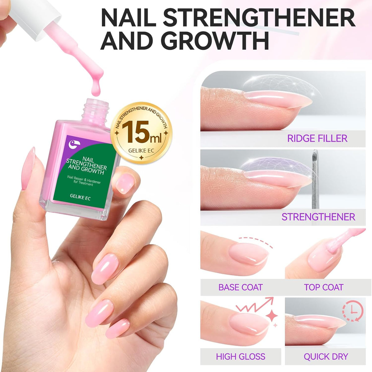 Nail Polish Strengthener and Growth Treatment: Pink 15ml Gelike EC Natural Nail Hardener Extra