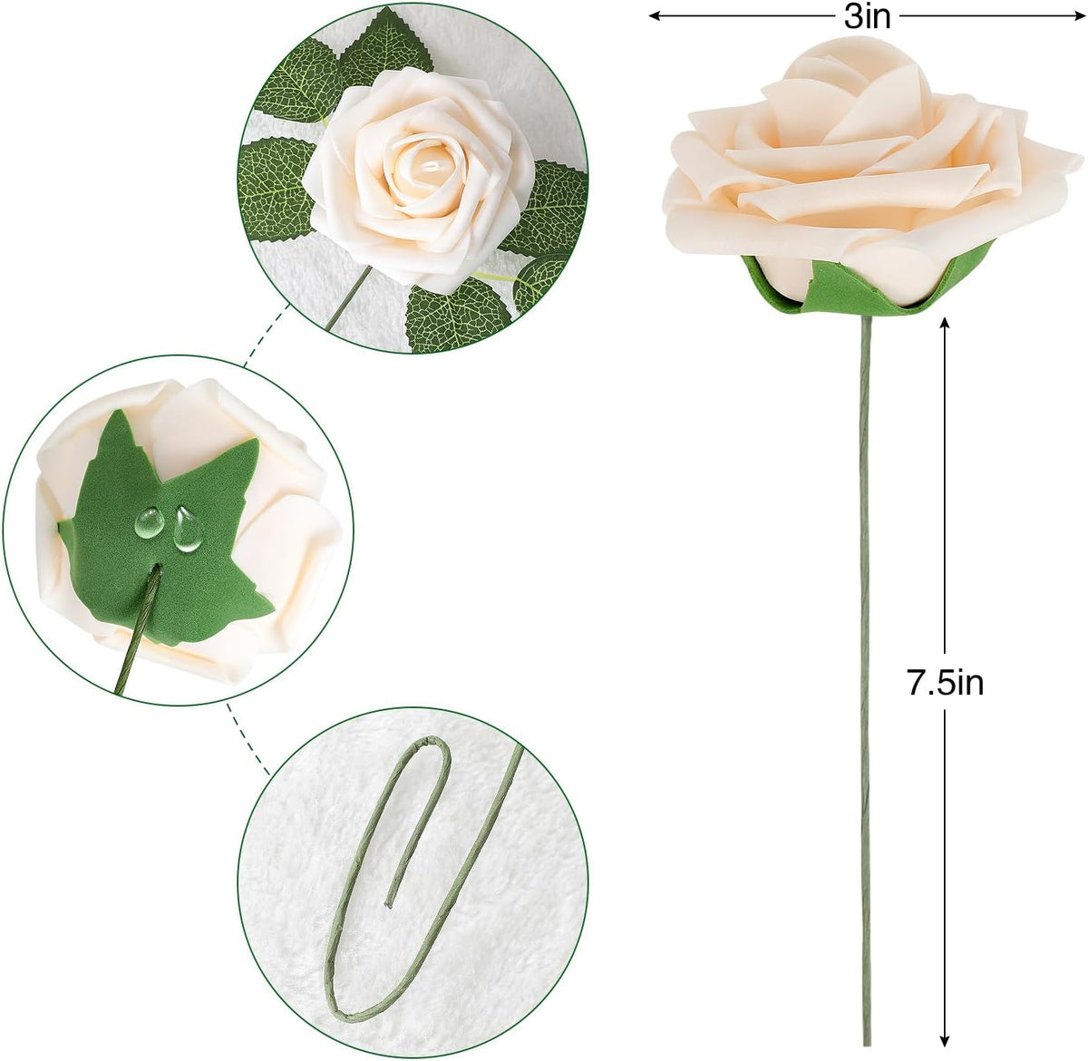 AmyHomie Artificial Flower Champagne Rose 25pcs Real Looking Fake Roses w/Stem for DIY Wedding