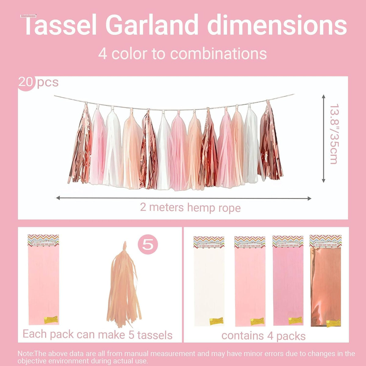 Rose Gold Peach White Pink Tassel Garland Banner, 20 Pack, Tassel Garland Party Decorations for