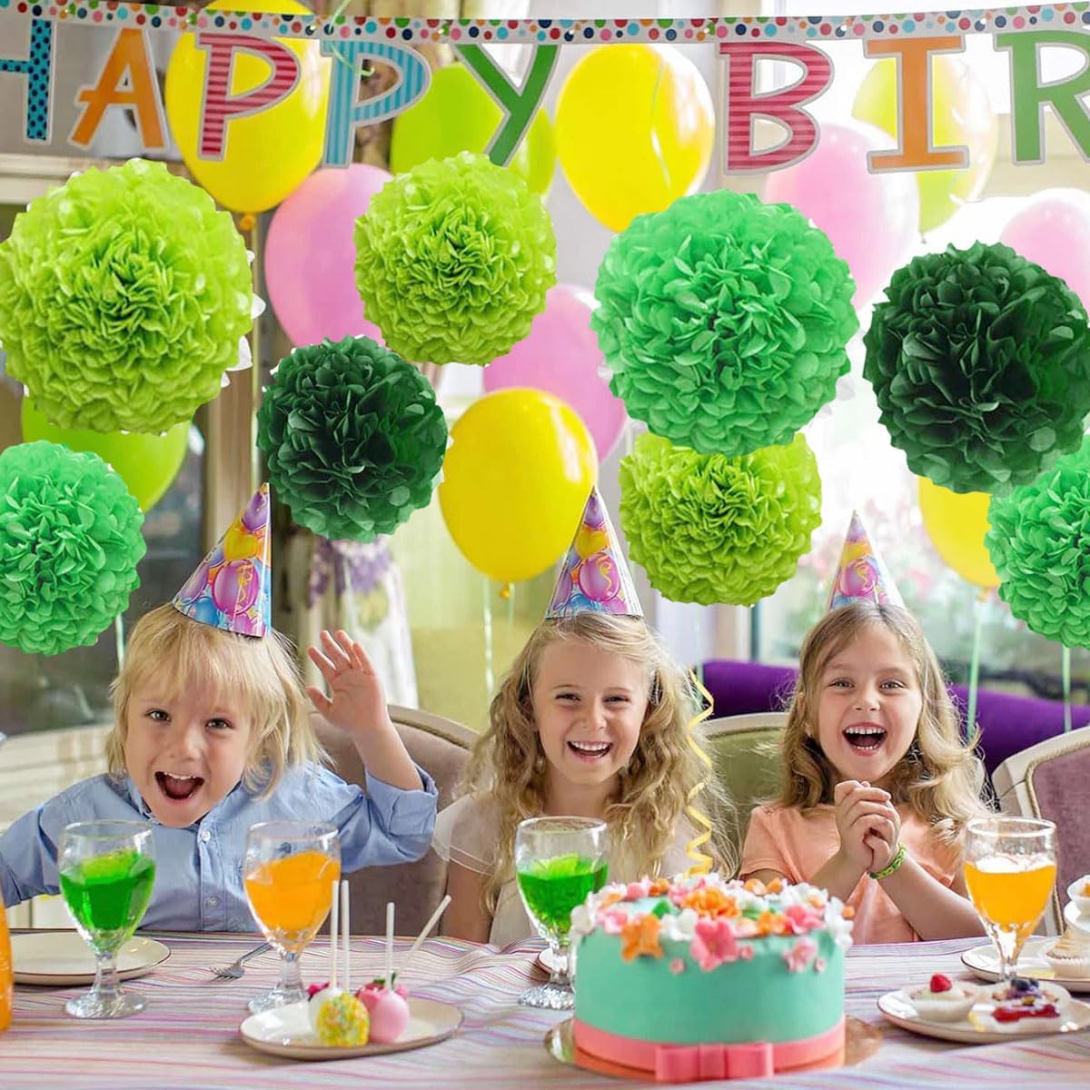12pcs 8in 10in Green Paper Pom Poms Tissue Flower Hanging Balls for Wedding Party Decorations DIY