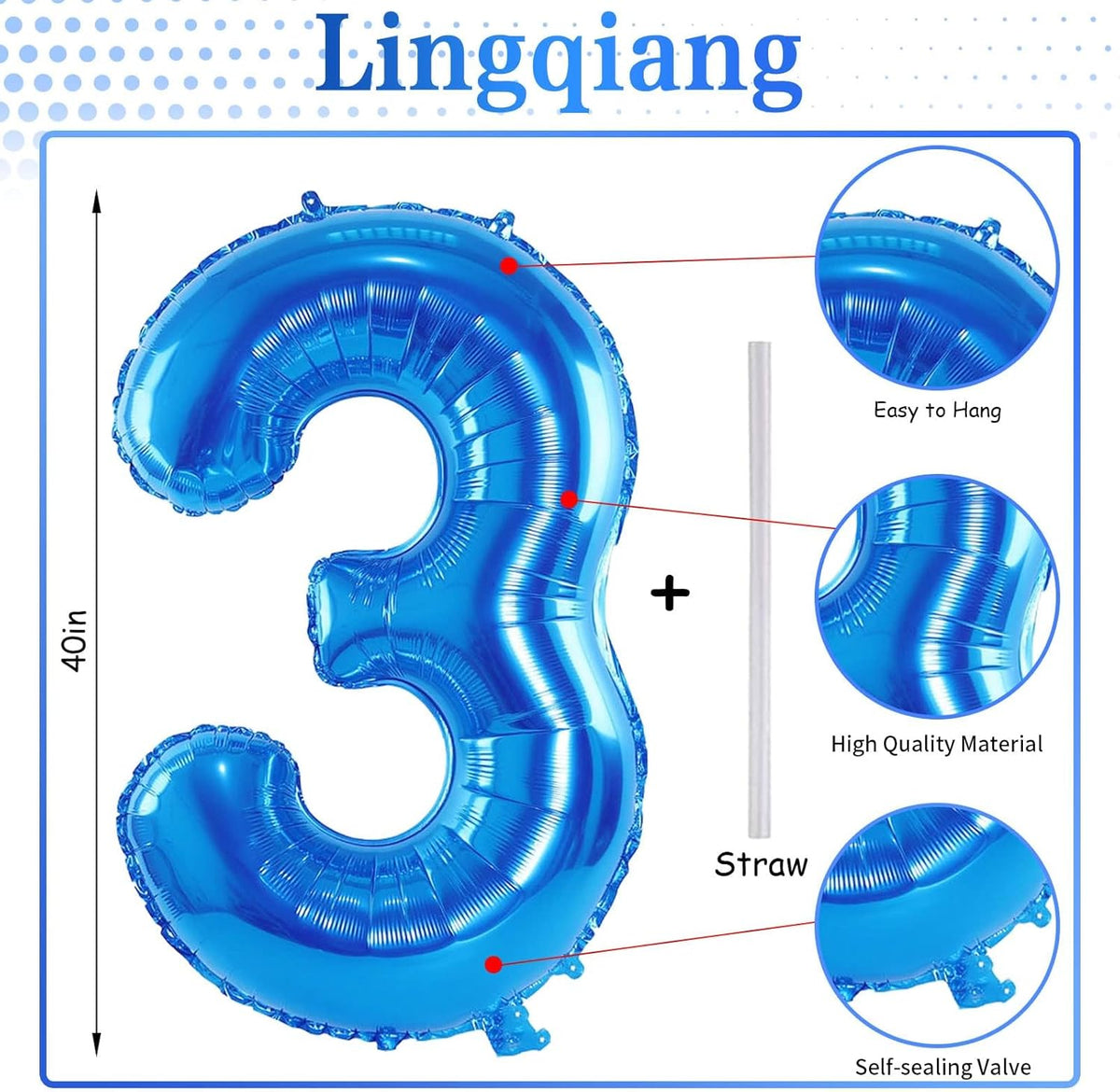 40 Inch Balloon Number 3 Blue, Large Foil Number Balloons Set 0-9, Digital 3 Helium Balloons for