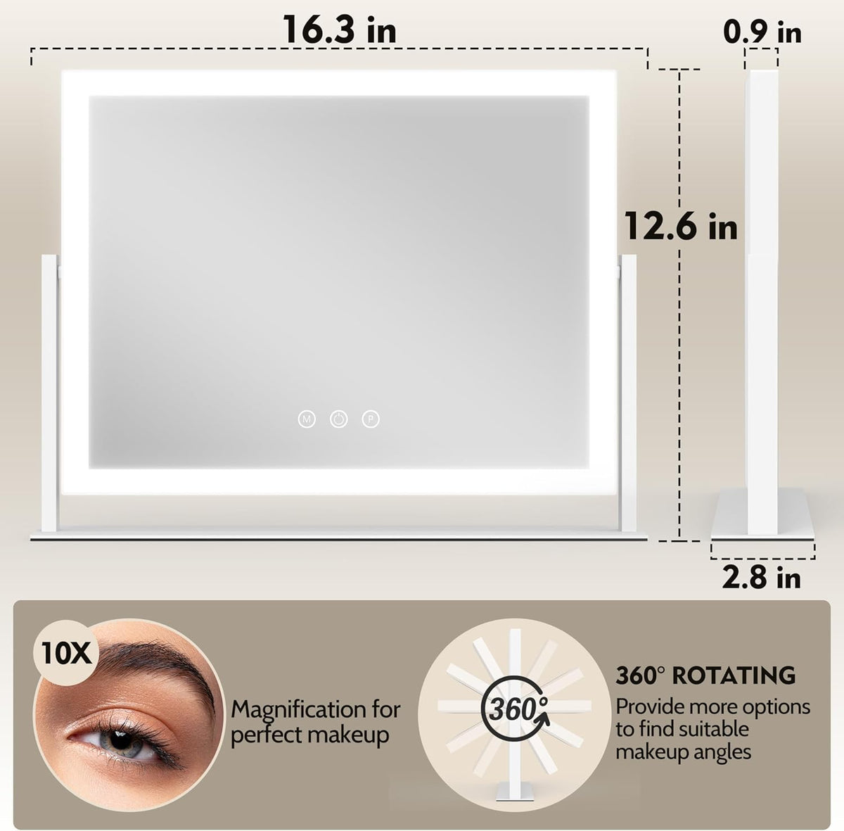 Lighted Makeup Mirror, 16.3"x12.6" Hollywood Vanity Mirror with Lights, 10X Magnification, 3 Color