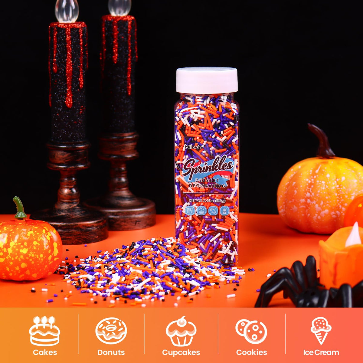 Edible Halloween Jimmies Sprinkles, Halloween Sprinkles, White, Purple, Orange, and Black
