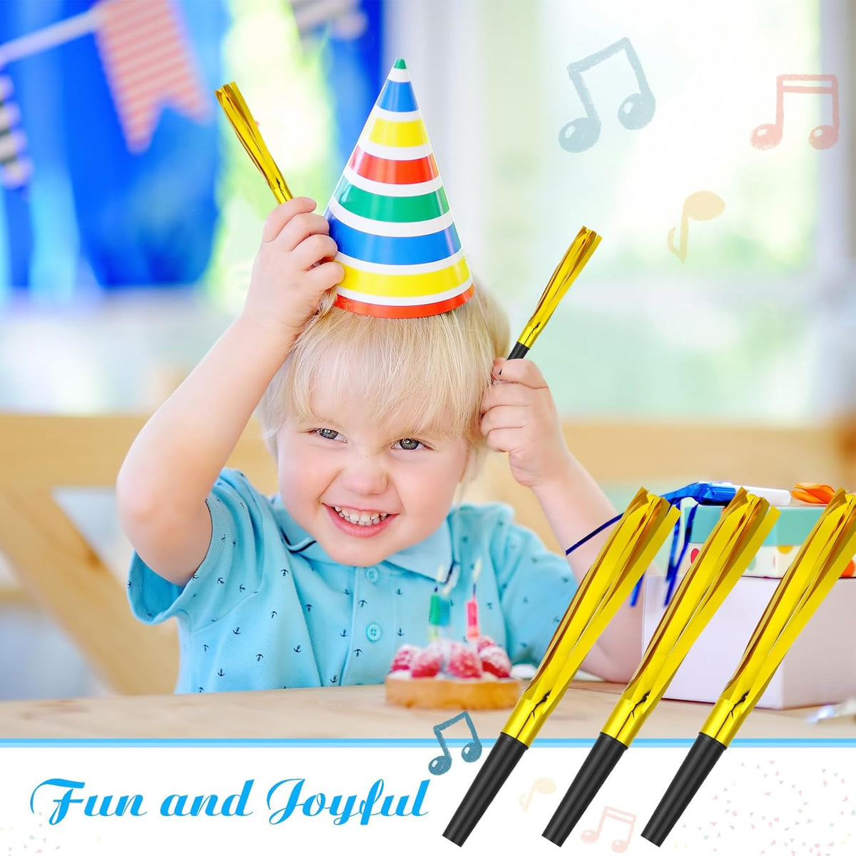 48 Pcs Gold Noise Makers Glitter Metallic Fringed Noise Makers Horns for Baby Shower, Kids