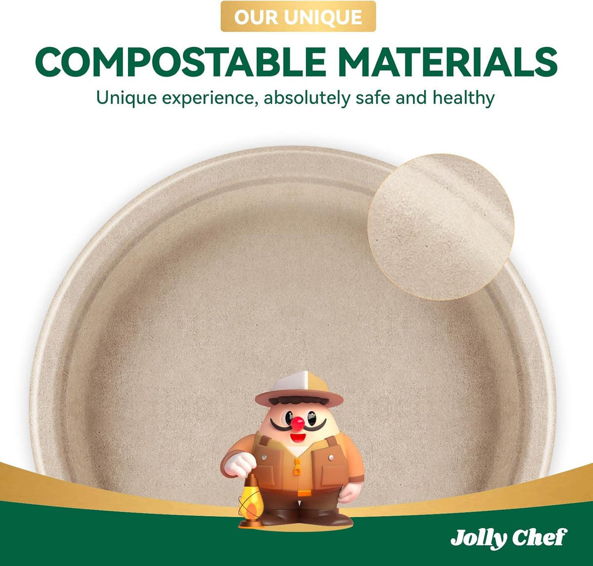 JOLLY CHEF Compostable Heavy Duty Plates 𝟭𝟬 𝗜𝗻𝗰𝗵 [𝟭𝟮𝟱 𝗣𝗮𝗰𝗸] Eco-Friendly Disposable