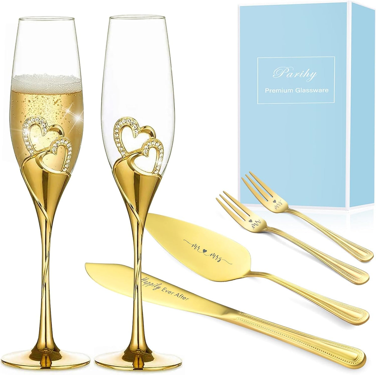 Wedding Cake Knife and Server Set, Gold Wedding Champagne Fluteswith Twin Heart Base and Rhinestone