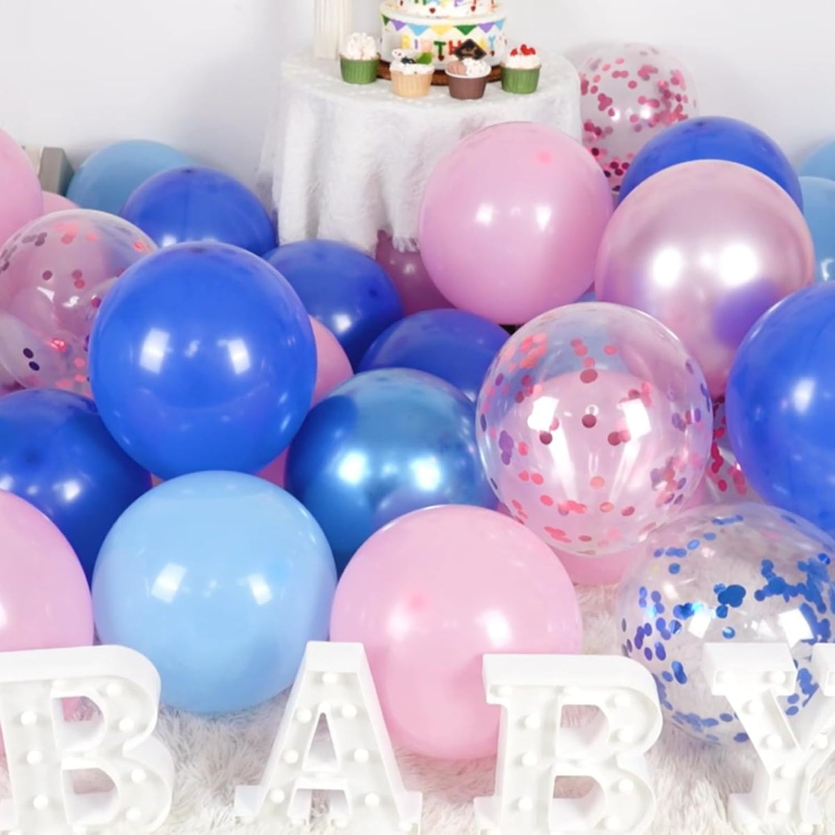 Paready Pink and Blue Balloon Set - 50Pcs 12 Inch Pastel Confetti, Royal and Metallic Balloons for