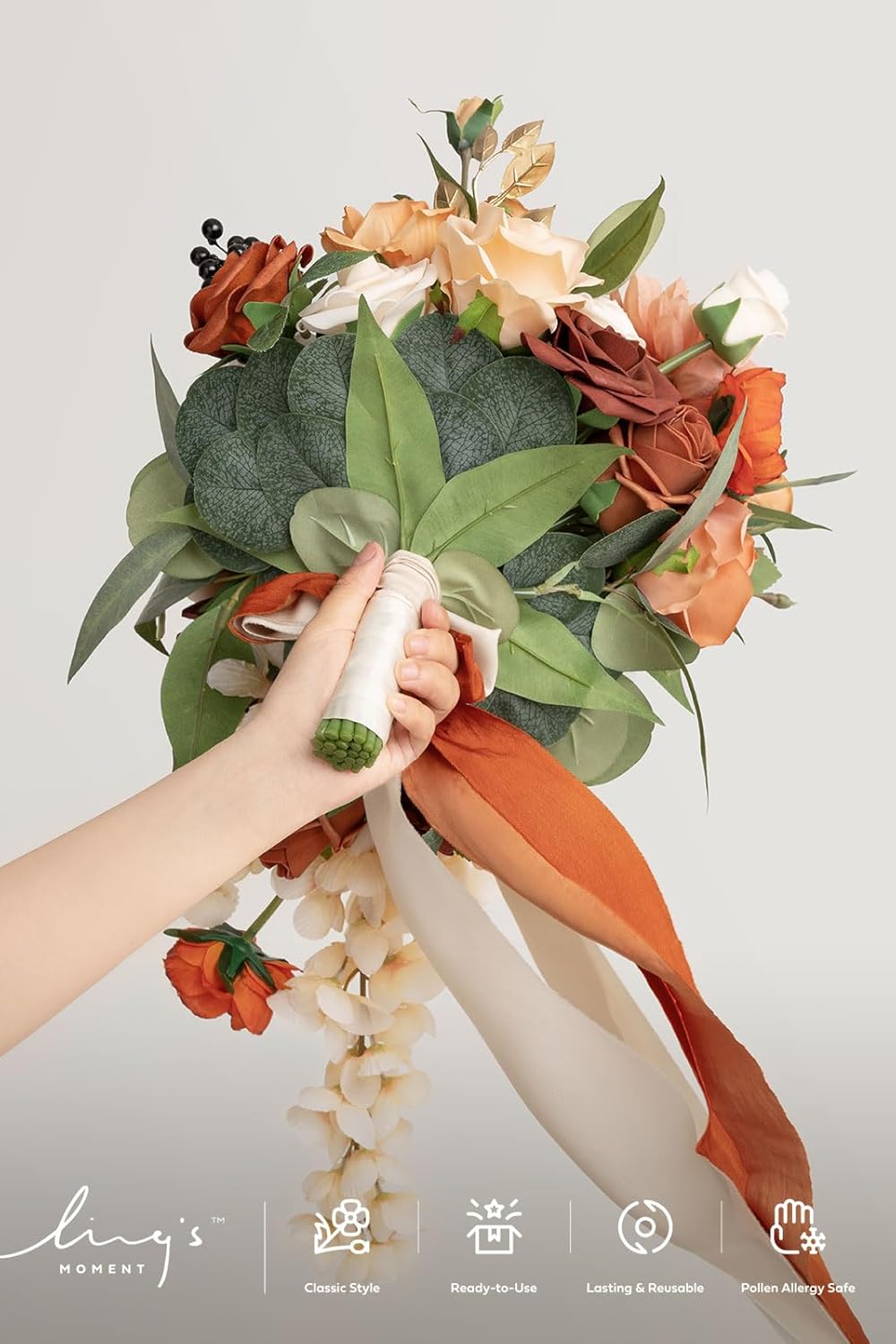 Ling's moment Terracotta Bridal Bouquet Cascading, Orange Wedding Bouquets for Bride, 13 Inch Bride