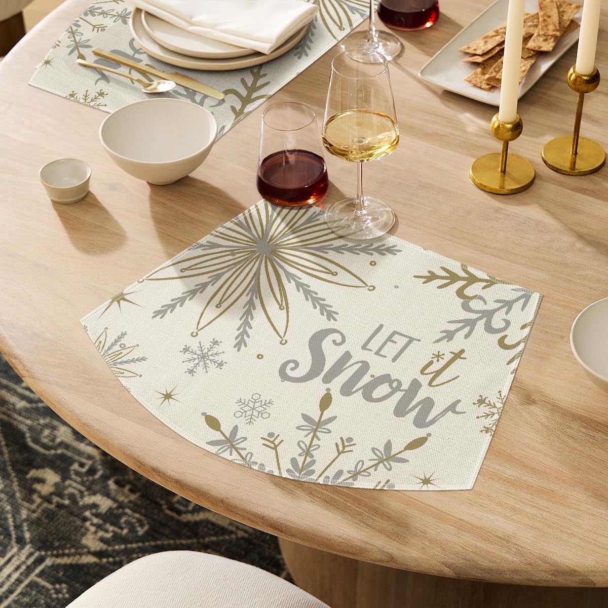 Artoid Mode Christmas Snowflakes Wedge Shape Placemats for Round Table Set of 4, Let it Snow Winter