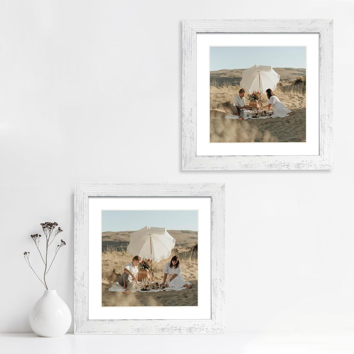 10x10 Picture Frame Set of 4 with Real Glass, Distressed White Frame Display 8x8 Pictures with Mat